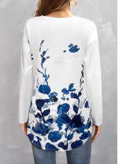 Blue tops,Floral tops,Floral Print Blue V Neck Long Sleeve Blouse