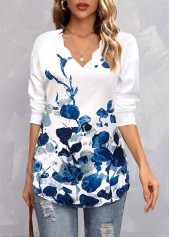 Floral Print Blue V Neck Long Sleeve Blouse