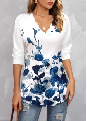 Blue tops,Floral tops,Floral Print Blue V Neck Long Sleeve Blouse