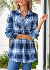 Blue tops,Plaid tops,ROTITA Long Sleeve Turndown Collar Plaid Fold Blouse
