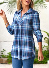 Blue tops,Plaid tops,ROTITA Long Sleeve Turndown Collar Plaid Fold Blouse