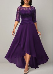 Purple dresses,Plain Color dresses,ROTITA Half Sleeve Purple Lace Patchwork Dress