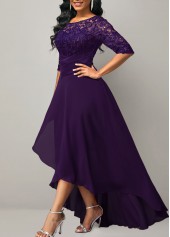 Purple dresses,Plain Color dresses,ROTITA Half Sleeve Purple Lace Patchwork Dress