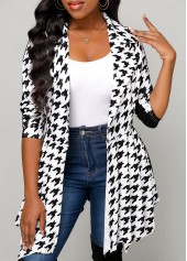 Black tops,Houndstooth tops,Button Houndstooth Print Black Belted Lapel Coat