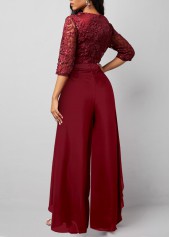 Wine Red jumpsuits & rompers,Plain Color jumpsuits & rompers,ROTITA Lace Patchwork Wine Red Long Wide Leg Jumpsuit