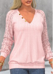 Light Pink tops,Plain Color tops,ROTITA Light Pink V Neck Long Sleeve Sweatshirt