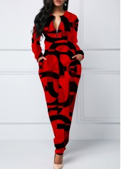 Red jumpsuits & rompers,Letter jumpsuits & rompers,ROTITA Letter Print Red Jogger Double Side Pockets Jumpsuit