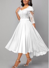 White dresses,Plain Color dresses,ROTITA Lace Patchwork White X Shape Midi Dress