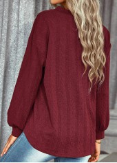 Wine Red tops,Plain Color tops,V Neck Wine Red Long Sleeve Sweatshirt