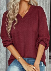 Wine Red tops,Plain Color tops,V Neck Wine Red Long Sleeve Sweatshirt