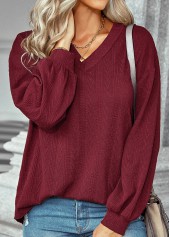 V Neck Wine Red Long Sleeve Sweatshirt