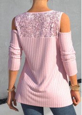 Light Pink tops,Plain Color tops,ROTITA Sequin Light Pink Heart Collar T Shirt