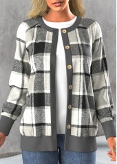 ROTITA Button Tartan Print Dark Grey Round Neck Coat