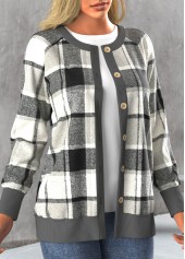 Dark Grey outerwear & coats,Plaid outerwear & coats,ROTITA Button Tartan Print Dark Grey Round Neck Coat