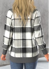 Dark Grey outerwear & coats,Plaid outerwear & coats,ROTITA Button Tartan Print Dark Grey Round Neck Coat