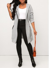 Pocket Grey Zipper Long Sleeve Hoodie