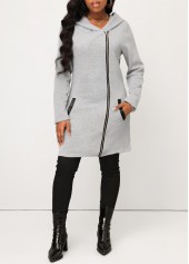 Grey tops,Plain Color tops,Pocket Grey Zipper Long Sleeve Hoodie