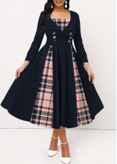 ROTITA Navy Button Insert Tartan Print 3/4 Sleeve Dress