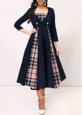 Navy dresses,Plaid dresses,ROTITA Navy Button Insert Tartan Print 3/4 Sleeve Dress