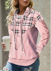 ROTITA Plus Size Pink Tartan Print Cowl Neck Sweatshirt