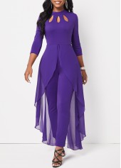 Purple jumpsuits&rompers,Plain Color jumpsuits&rompers,ROTITA Cage Neck Purple Ankle Length Stand Collar Jumpsuit