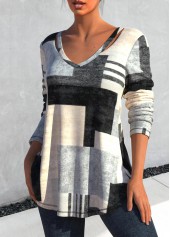 Grey tops,Geometric tops,ROTITA Cut Out Geometric Print Grey T Shirt