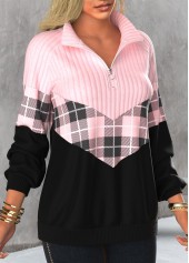 Light Pink plus size,Plaid plus size,ROTITA Plus Size Light Pink Tartan Print Sweatshirt