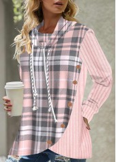 Pink tops,Plaid tops,ROTITA Button Pink Tartan Print Drawstring Sweatshirt