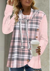 Pink tops,Plaid tops,ROTITA Button Pink Tartan Print Drawstring Sweatshirt