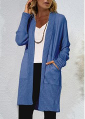 ROTITA Double Side Pockets Long Sleeve Blue Cardigan