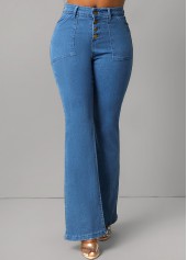Denim Blue bottoms,Plain Color bottoms,Button Fly Denim Blue Pocket Jeans