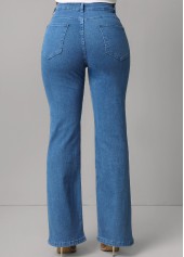 Denim Blue bottoms,Plain Color bottoms,Button Fly Denim Blue Pocket Jeans