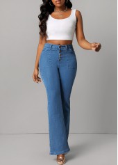 Denim Blue bottoms,Plain Color bottoms,Button Fly Denim Blue Pocket Jeans