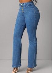 Denim Blue bottoms,Plain Color bottoms,Button Fly Denim Blue Pocket Jeans