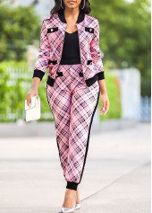 Pink Long Sleeve Plaid Sweatsuit Set