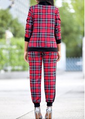 Red jumpsuits & rompers,Plaid jumpsuits & rompers,Red Long Sleeve Plaid Zipper Sweatsuit Set