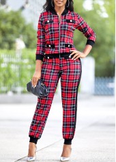 Red jumpsuits & rompers,Plaid jumpsuits & rompers,Red Long Sleeve Plaid Zipper Sweatsuit Set
