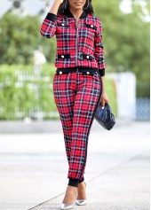 Red jumpsuits & rompers,Plaid jumpsuits & rompers,Red Long Sleeve Plaid Zipper Sweatsuit Set