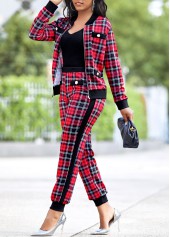 Red Long Sleeve Plaid Zipper Sweatsuit Set