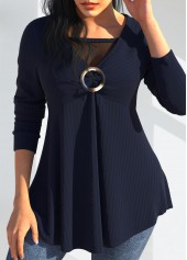 ROTITA Mesh Stitching Navy Long Sleeve V Neck T Shirt