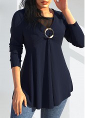 Navy tops,Plain Color tops,ROTITA Mesh Stitching Navy Long Sleeve V Neck T Shirt