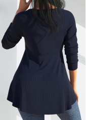 Navy tops,Plain Color tops,ROTITA Mesh Stitching Navy Long Sleeve V Neck T Shirt