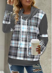 Light Blue plus size,Plaid plus size,ROTITA Plus Size Tartan Print Light Blue Cowl Neck Sweatshirt