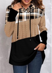 ROTITA Plus Size Twisted Tartan Print Light Camel Hoodie