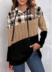 Light Camel plus size,Plaid plus size,Geometric plus size,ROTITA Plus Size Twisted Tartan Print Light Camel Hoodie