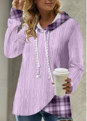 Light Purple tops,Plaid tops,ROTITA Tartan Print Light Purple Asymmetric Hem Hoodie