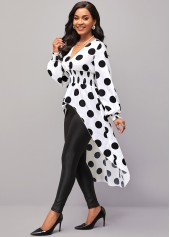 White tops,Dot tops,ROTITA Long Sleeve White Smocked Polka Dot Blouse