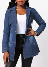 Denim Blue outerwear & coats,Plain Color outerwear & coats,Denim Blue Button Lapel Long Sleeve Jacket