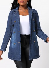 Denim Blue outerwear & coats,Plain Color outerwear & coats,Denim Blue Button Lapel Long Sleeve Jacket