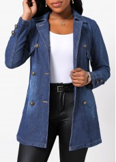 Denim Blue outerwear & coats,Plain Color outerwear & coats,Denim Blue Button Lapel Long Sleeve Jacket